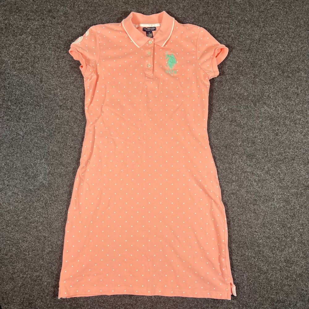 US Polo Assn Pink Preppy Polka‎ Dot Polo Dress Sz S Teal Logo Short Sleeve